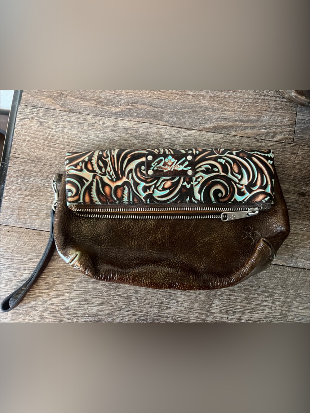 Leather Wristlet Clutch in Brown with Turquoise Accent